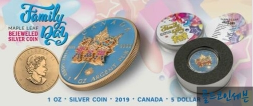 2019년 캐나다 메이플 Family Day 1oz 크리스탈 삽입 한정판 색채 금도금 은화