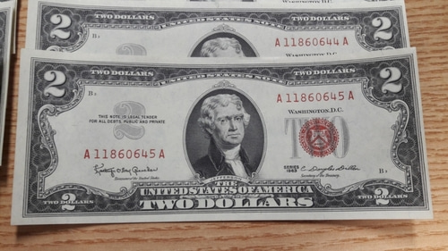 1963년 미국 행운의 2달러 토머스 재퍼슨   A 11860626 A ~ A 11860645 A 미사용 레드씰 20연번 화폐