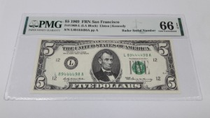 1969년 미국 5달러 샌프란시스코 L 89444498 A PMG 66 미사용 4봉 레이더 화폐